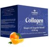 Pudełko kolagenu Langsteiner Pharmaceutical z napisem "Collagen Suplement diety Zawiera substancje słodzące Kolagen rybi Seagarden Nutricoll 10 000 mg" oraz dodatkowymi informacjami o składnikach, takimi jak kwas hialuronowy, koenzym Q10, ekstrakt z dziki