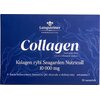 Niebieskie opakowanie z białym tekstem zawiera napis: "Langsteiner Pharmaceutical Collagen Suplement diety Zawiera substancje słodzące Kolagen rybi Seagarden Nutricoll 10 000 mg + kwas hialuronowy, koenzym Q10, ekstrakt z dzikiej róży, witamina C 30 sasze
