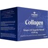 Pudełko produktu "Kolagen LANGSTEINER Seagarden Nutricoll (30 saszetek)" w kolorze niebieskim z białymi napisami, zawiera informacje o składnikach takich jak kwas hialuronowy, koenzym Q10, ekstrakt z dzikiej róży i witamina C. Widoczne jest logo Langstein