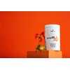 Pojemnik z napisem "BESTLAB BEST ELECTROLYTES" stoi na pomarańczowym postumencie, obok czerwonego kwiatu, na tle pomarańczowej ściany. Na etykiecie widnieje również symbol kropli z napisem "Mg" oraz informacje o składnikach i zaletach produktu.
