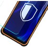 Na zdjęciu widoczny jest fragment telefonu z wyświetlaczem, na którym znajduje się niebieski wzór z białą ikoną tarczy. Telefon ma czarną obudowę z pomarańczowym akcentem.