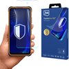 Na zdjęciu widoczny jest telefon z nałożonym szkłem ochronnym oraz opakowanie produktu "3mk FlexibleGlass Pro" z grafiką przedstawiającą telefon i tekstem "Feel the power". Opakowanie zawiera również oznaczenia certyfikatów i nagród oraz logo producenta.