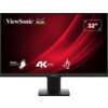 Monitor z czarną ramką i podstawą, na ekranie widoczne logo "ViewSonic" oraz kolorowe ptaki, a także napisy: "SuperClear", "4K UHD" i "32"". Tło ekranu jest czerwone z dynamicznymi liniami.