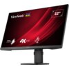 Monitor marki ViewSonic z wyświetlaczem o przekątnej 32 cale, prezentujący logo ViewSonic oraz napisy: "SuperClear", "4K UHD". Tło ekranu jest czerwone z dynamicznymi liniami.