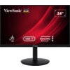 Monitor z czarną ramką i okrągłą podstawą, na ekranie widoczne logo "ViewSonic" oraz kolorowe ptaki, a także ikony i napisy: "USB-C", "DOCKING" i "24"". Tło ekranu jest czerwone z dynamicznymi liniami.
