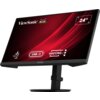Monitor ViewSonic z czerwonym tłem na ekranie, na którym widoczne są ikony i napisy: "USB-C", "DOCKING", oraz "24"". Logo ViewSonic znajduje się w lewym górnym rogu.