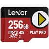 Czerwono-czarna karta pamięci z białym napisem "Lexar" oraz dużym oznaczeniem pojemności "256GB". Na karcie widnieją także napisy "microSDXC I", "EX", "PLAY PRO" oraz symbol trójkąta w kółku.