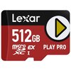 Czerwona karta pamięci z białym napisem "Lexar" na górze, poniżej duży napis "512GB", a na dole mniejsze napisy "micro SDXC I" oraz "PLAY PRO". Po prawej stronie znajduje się żółty trójkąt w białym okręgu.