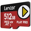 Czerwona karta pamięci z białym napisem "Lexar" oraz dużym oznaczeniem pojemności "512GB". Na karcie znajdują się także symbole "microSDXC I", "EX" oraz napis "PLAY PRO" z żółtym trójkątem w białym okręgu.