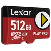 Czarno-czerwona karta pamięci z białym napisem "Lexar" na górze, poniżej duży biały napis "512GB", a obok mniejsze napisy "microSDXC I", "EX" oraz "PLAY PRO". Po prawej stronie znajduje się biały okrąg z żółtym trójkątem skierowanym w prawo.