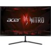 Monitor o zakrzywionym ekranie z wyświetlonym logo "acer NITRO" na tle czerwono-czarnych geometrycznych kształtów. Na dolnej ramce monitora znajduje się napis "acer".