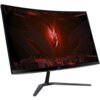Monitor o zakrzywionym ekranie z wyświetlanym abstrakcyjnym, czerwonym motywem graficznym, umieszczony na czarnym stojaku. Na dolnej ramce widoczne jest logo "acer".