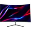 Przedstawiony jest zakrzywiony monitor z kolorowym, abstrakcyjnym wzorem na ekranie, z widocznym logo "acer" na dolnej ramce. Monitor stoi na metalowej podstawie w kształcie litery V.