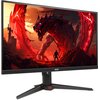 Monitor z logo "acer" na dolnej ramce wyświetla dynamiczną grafikę przedstawiającą postać stojącą naprzeciwko dużego, czerwonego smoka w scenerii o intensywnych, ciepłych barwach. Monitor jest zamontowany na solidnej podstawie z trzema nogami.