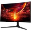 Na zdjęciu widoczny jest zakrzywiony monitor marki Acer z wyświetlanym obrazem przedstawiającym futurystyczną scenę z miastem i statkami kosmicznymi na tle dużej planety. Na dolnej ramce monitora znajduje się logo "acer".