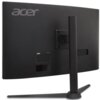 Czarny monitor z zakrzywionym ekranem, widoczny od tyłu, z logo "acer" w lewym górnym rogu. Na obudowie znajdują się porty oraz uchwyt montażowy, a monitor jest zamocowany na podstawie w kształcie litery "V".