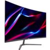 Zakrzewiony monitor z cienkimi ramkami, wyświetlający abstrakcyjne, kolorowe wzory w odcieniach niebieskiego, różowego i czerwonego. Na dolnej ramce widoczne jest logo "acer".