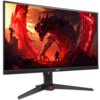 Monitor z wyświetlaczem przedstawiającym dynamiczną scenę z czerwonym smokiem i postacią na tle ognistego krajobrazu. Na dolnej ramce monitora widoczne jest logo "acer".