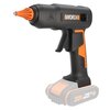 Czarny pistolet do kleju z pomarańczowymi akcentami, na którym widoczne jest logo "WORX". Na dolnej części urządzenia znajduje się napis "20V MAX POWER SHARE 2.0Ah".