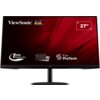 Monitor z czarną ramką i podstawą, na ekranie widoczne logo "ViewSonic" oraz napisy: "1ms Response Time", "100Hz", "Eye ProTech", a także oznaczenie rozmiaru "27"". Tło ekranu jest czerwone z geometrycznymi wzorami.