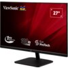Monitor z czarną ramką i podstawą, na ekranie widoczne logo "ViewSonic" oraz teksty: "1ms Response Time", "100Hz", "Eye ProTech" i "27"". Tło ekranu jest czerwone z geometrycznymi wzorami.