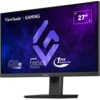 Monitor z czarną ramką i podstawą, na ekranie widoczne są napisy: "ViewSonic GAMING", "520 Hz", "AMD FreeSync Premium", "1 ms Response Time" oraz "27"". Tło ekranu jest fioletowo-niebieskie z abstrakcyjnym wzorem.