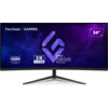 Monitor ViewSonic z zakrzywionym ekranem o przekątnej 34 cale, wyświetla grafikę z tekstem: "ViewSonic | GAMING", "1500R CURVED", "2K UWQHD", "AMD FreeSync Premium" oraz "34"".