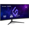 Monitor ViewSonic o zakrzywionym ekranie, z widocznymi napisami: "ViewSonic | GAMING", "1500R CURVED", "2K UWQHD", "AMD FreeSync Premium" oraz "34"". Tło ekranu jest w odcieniach fioletu i niebieskiego z abstrakcyjnym wzorem.