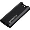 Czarny dysk przenośny z napisem "goodram" na obudowie, posiadający zaokrąglone krawędzie i widoczne złącze USB. Produkt ma prosty, elegancki design.