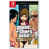 Okładka gry "Grand Theft Auto: The Trilogy – The Definitive Edition" na konsolę Nintendo Switch przedstawia trzy postacie w stylu komiksowym oraz logo gry. Widoczny jest tekst: "Download Code Only. No game card is included" oraz oznaczenie wiekowe 18.