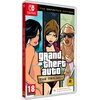 Na okładce gry "Grand Theft Auto: The Trilogy – The Definitive Edition" na Nintendo Switch znajdują się trzy postacie z gry, a w centralnej części widnieje tytuł gry. W dolnej części okładki znajduje się informacja "Download Code Only No game card is incl