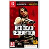 Okładka gry "Red Dead Redemption" na konsolę Nintendo Switch przedstawia postać trzymającą broń na tle czerwonego nieba z gwiazdami i sylwetkami jeźdźców. Widoczny tekst: "Featuring the classic stories of Red Dead Redemption and Undead Nightmare", "Rockst