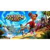 Na ilustracji widoczna jest kolorowa grafika promująca grę "Survival Kids" na konsolę Nintendo Switch, przedstawiająca postacie dzieci na tropikalnej wyspie z elementami przygody i akcji. W tle znajduje się logo "Survival Kids" oraz napis ©Konami Digital 