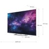 Telewizor o przekątnej 55 cali z wyświetlaczem MiniLED 4K, prezentujący kolorowy obraz kosmosu, z widocznymi wymiarami: 1229 mm szerokości, 748 mm wysokości, 79 mm głębokości oraz podstawą o głębokości 255 mm. Na ekranie widnieje napis: "Telewizor HAIER H