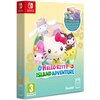 Okładka gry "Hello Kitty Island Adventure" na Nintendo Switch, przedstawia postać Hello Kitty i inne kolorowe postacie na tle z motywem kwiatowym. Na pudełku widnieje napis: "GIFT BOX INCLUDES DELUXE EDITION GAME, TOPHAT'S MEMORIES, CRITTER & FISH GUIDE, 