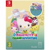 Okładka gry "Hello Kitty Island Adventure" na Nintendo Switch przedstawia postać Hello Kitty i jej przyjaciół na tle tropikalnej wyspy, z napisem "GIFT BOX INCLUDES DELUXE EDITION GAME TOPHAT's Memories Critter & Fish Guide Collectible Cards Poster". W do