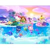 Na ilustracji widoczne są postacie z gry "Hello Kitty Island Adventure" na tle kolorowej, bajkowej wyspy z różnorodnymi elementami krajobrazu, takimi jak palmy, domki i morze pełne ryb. Na środku znajduje się napis "Hello Kitty Island Adventure" ozdobiony