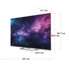 Telewizor o wymiarach 167 cm szerokości, 99.7 cm wysokości i 8.1 cm głębokości, z wyświetlaczem pokazującym kolorowy obraz kosmosu. Na zdjęciu widoczne są także wymiary podstawy: 25.5 cm.