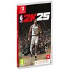 Okładka gry "NBA 2K25" na konsolę Nintendo Switch przedstawia koszykarza w białym stroju z numerem 0 na tle tłumu kibiców. Widoczne są loga NBA, Nintendo Switch oraz oznaczenie wiekowe 3, a także informacja "Download Code Only, No game card is included".