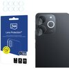 Na zdjęciu widoczny jest niebieski kartonik z napisem "3mk Lens Protection™" oraz telefon z nałożonymi szkłami ochronnymi na obiektywy. Na opakowaniu znajdują się dodatkowe informacje: "Ochrona obiektywu/Proteção da lente/Protection de lentille/Ochrona ob
