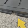 Na zdjęciu widoczny jest fragment antracytowej skrzyni ogrodowej z wycięciem na krawędzi, umieszczonej na szarej wykładzinie. Obok znajduje się żółta strzałka wskazująca na wycięcie.