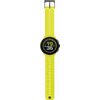 Smartwatch z limonkowym silikonowym paskiem i okrągłą tarczą, na której wyświetlany jest czas 19:36, data Apr 27 oraz liczba kroków 8668. Tarcza posiada dwa przyciski z boku, a pasek ma perforację na całej długości.