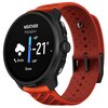 Pomarańczowo-czarny smartwatch z wyświetlaczem pokazującym prognozę pogody dla Kilpisjärvi: temperatura -21°C, opady śniegu, prędkość wiatru 8 m/s. Na obudowie widoczne jest logo "SUUNTO".
