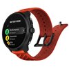 Pomarańczowo-czarny smartwatch z wyświetlaczem pokazującym tryby baterii: "Performance 55 hours", "Endurance 65 hours", "Ultra 90 hours". Pasek zegarka jest perforowany, a na obudowie widoczny jest przycisk.