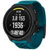 Czarny smartwatch z morskim paskiem wyświetla na ekranie czas 19:36, dystans 1936 m, tętno 153, oraz czas 1:46'40. Na dole ekranu widoczne jest logo "SUUNTO".