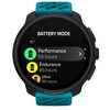 Na zdjęciu widoczny jest smartwatch z wyświetlaczem pokazującym tryby baterii: "Performance 55 hours", "Endurance 65 hours" oraz "Ultra 90 hours". Na dole ekranu znajduje się logo "SUUNTO", a pasek zegarka jest morsko-czarny.