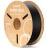 Szpula z czarnym filamentem do drukarki 3D, oznaczona jako "ELEGOO Rapid PETG", z widocznymi informacjami: "3D Printer Filament", "Weight: 1KG", "Diameter: 1.75±0.02mm", "Printing Temp: 230℃-260℃". Na opakowaniu znajduje się również logo recyklingu oraz adresy stron internetowych: "elegoo.com", "Elegoo Official", "3d@elegoo.com".