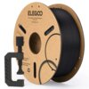 Szpula z czarnym filamentem PLA-CF o średnicy 1.75 mm i wadze 1 kg, z widocznym logo "ELEGOO" oraz napisem "For any inquiries or technical support Please visit www.elegoo.com". Obok szpuli znajduje się czarny uchwyt w kształcie litery C.