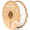 Szpula białego filamentu do drukarki 3D z napisem "ELEGOO RAPID PETG" oraz informacjami: "3D Printer Filament, Weight: 1KG, Diameter: 1.75±0.02mm, Printing Temp: 230°C-250°C". Na opakowaniu widoczne są również adresy stron internetowych i logo recyklingu.