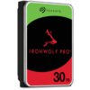 Na zdjęciu znajduje się dysk twardy z widocznym logo "SEAGATE" na zielonym tle oraz napisem "IRONWOLF PRO" i symbolem wilka na czarnym tle. Na czerwonym tle widnieje oznaczenie pojemności "30 TB".